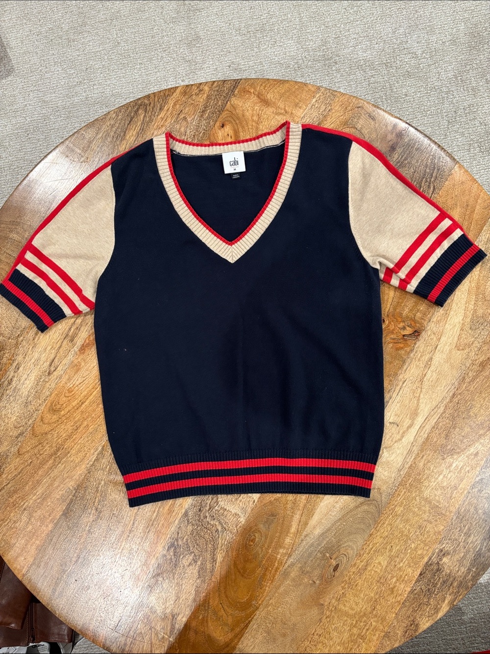 CAbi Navy Short Sleeve V-Neck Sweater with Red & Tan Accents